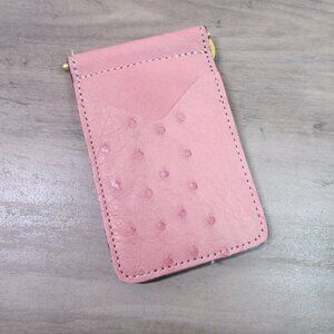 Fenoglio Ostrich Leather Slim Front Pocket Money Clip Card Wallet Pink